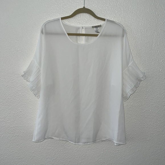 APRIL • White Sheer Ruffle Short Sleeve Top Blouse - Picture 3 of 7